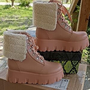 Cape Robbin Pink Lace-Up Platform Ankle Boots with Cream Faux-Shearling Cuff
